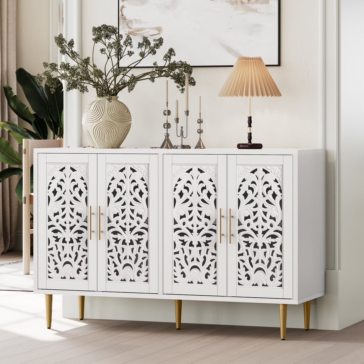 HLR 48" Accent Cabinet with 4 Doors, Vintage Hollow Carving Storage Credenza, Sideboards and Buffets Cabinet for Living Room, Kitchen, Dining Room, Entryway - 48"-4door-White