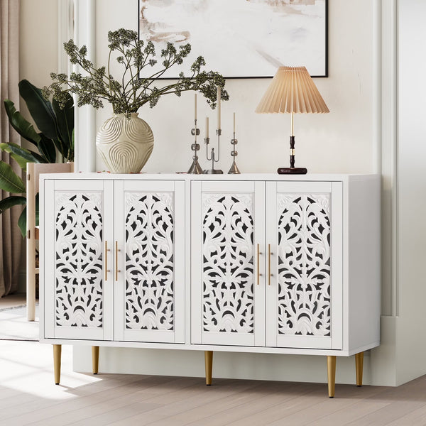 HLR 48" Accent Cabinet with 4 Doors, Vintage Hollow Carving Storage Credenza, Sideboards and Buffets Cabinet for Living Room, Kitchen, Dining Room, Entryway - 48"-4door-White