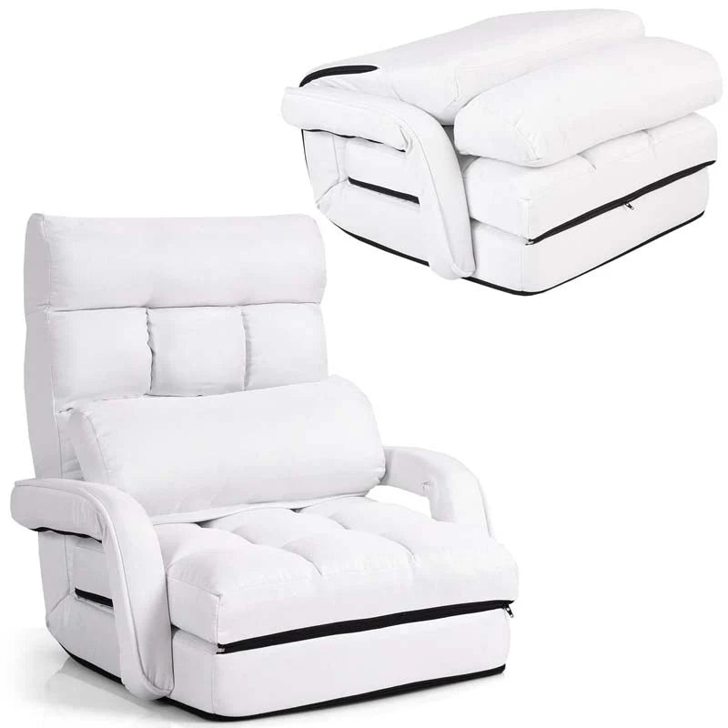 Folding Lazy Sofa Floor Chair with 6-Position Adjustable Backrest, Lumbar Pillow & Armrests, Indoor Chaise Lounge Sofa for Gaming, Living Room - White
