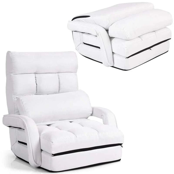 Folding Lazy Sofa Floor Chair with 6-Position Adjustable Backrest, Lumbar Pillow & Armrests, Indoor Chaise Lounge Sofa for Gaming, Living Room - White