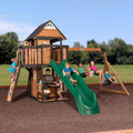 Backyard Discovery Canyon Creek Cedar Wood Swing Set with Wave Slide. Clubhouse. Play Kitchen. Picnic Area. Belt Swings. Web Swing. Rock Wall. Balconies. Playhouse. Step Ladder. Outdoor Playset - Green Slide
