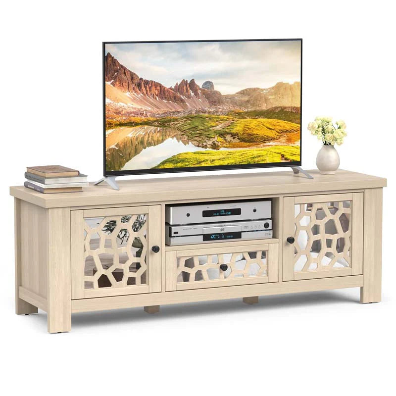 55" Retro TV Stand for 60 Inch TVs, TV Console Cabinet Entertainment Center with Mirror Doors, Drawer Open Shelf, Cable Hole - Natural
