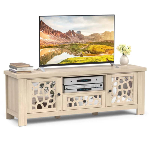 55" Retro TV Stand for 60 Inch TVs, TV Console Cabinet Entertainment Center with Mirror Doors, Drawer Open Shelf, Cable Hole - Natural