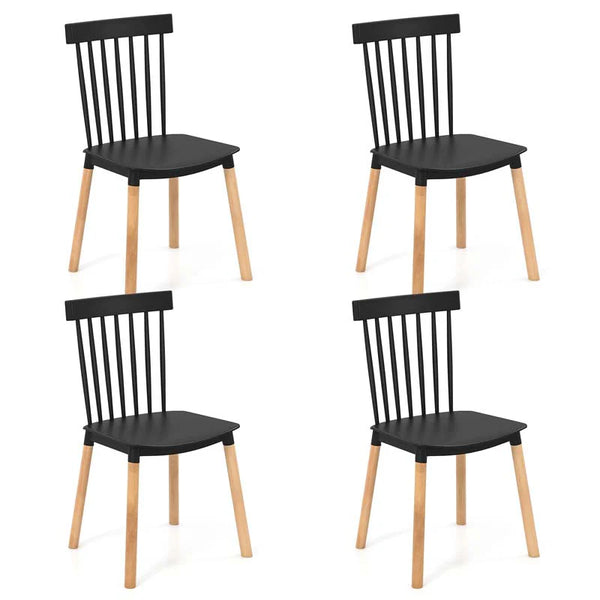 Set of 4 Windsor Dining Chairs, Modern Armless Side Kitchen Chairs with Spindle Back, Curved Seat & Solid Wood Legs for Living Room, Restaurant - Black