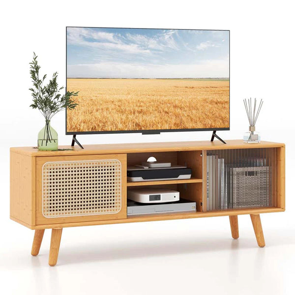Mid Century Modern TV Stand for TVs up to 55", Bamboo Entertainment Center Media Console with Rattan & Glass Sliding Doors, Adjustable Shelf - Natural