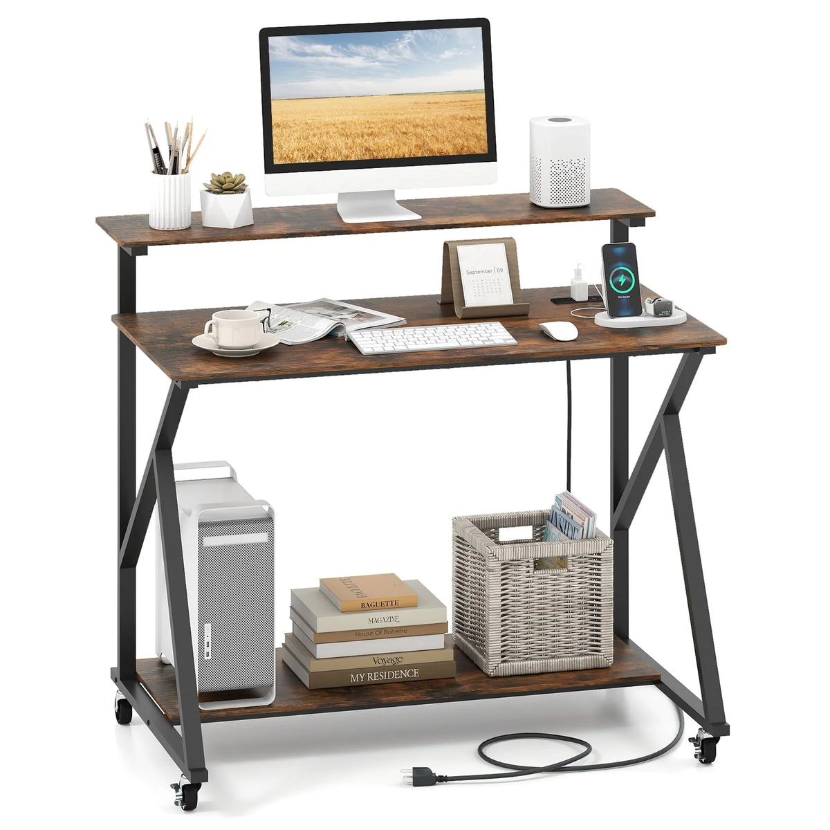 Tangkula 39.5" Mobile Computer Desk with Power Outlets for Home Office Bedroom - Rustic Brown