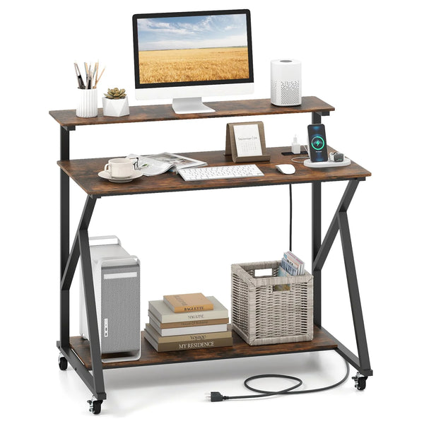 Tangkula 39.5" Mobile Computer Desk with Power Outlets for Home Office Bedroom - Rustic Brown