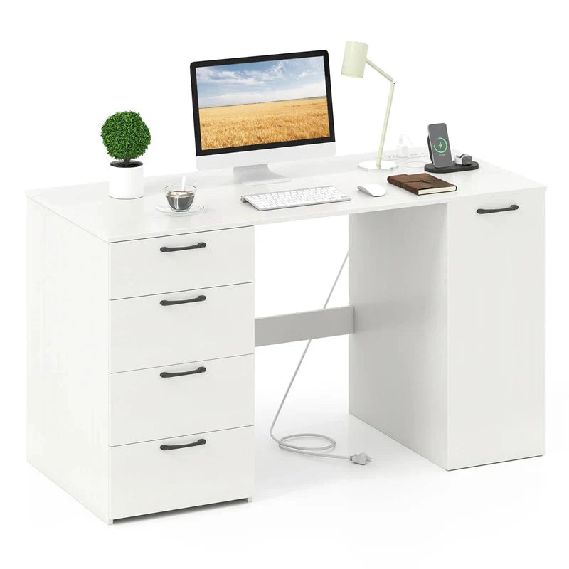 53" Computer Desk with 4 Storage Drawers & Cabinet, Home Office Desk w/ Charging Station, Adjustable Shelf & Cable Management for Study, Makeup - White