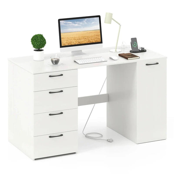 53" Computer Desk with 4 Storage Drawers & Cabinet, Home Office Desk w/ Charging Station, Adjustable Shelf & Cable Management for Study, Makeup - White