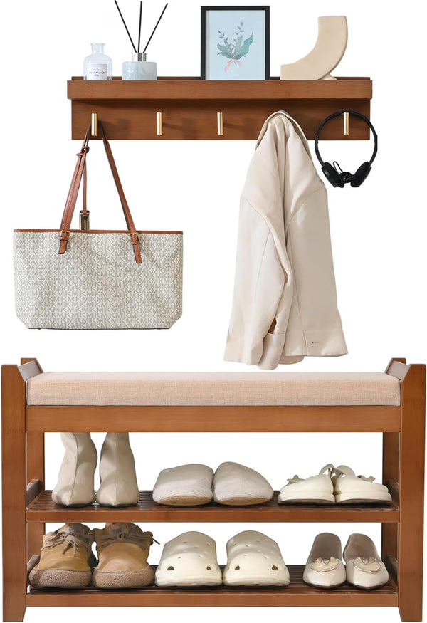 Shoe Rack for Front Door Entrance, 28 Entryway Bench with Coat Rack, Hall Tree Shoe Bench with Storage for Entry, Hallway, Bedroom, Living Room - shoe bench+coat rack