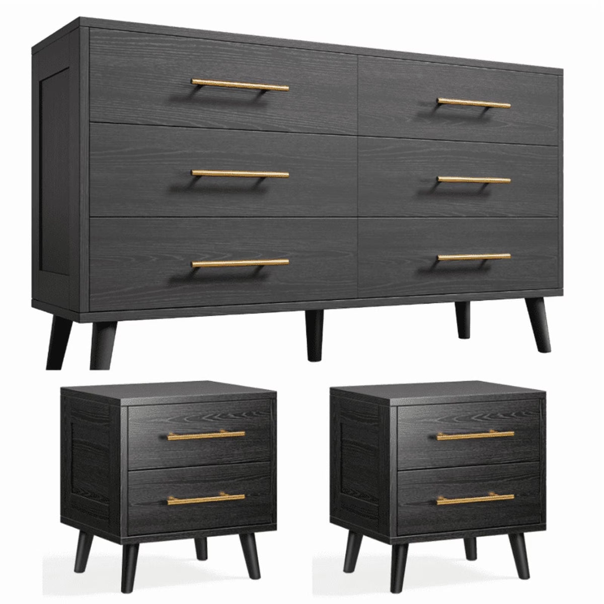 Noelse 3 Piece Bedroom Furniture Set, 6 Drawer Dresser with 2 Nightstands, Modern Wood Storage Organizer with Metal Handles for Bedroom, Living Room, Black - Black