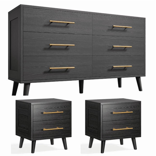 Noelse 3 Piece Bedroom Furniture Set, 6 Drawer Dresser with 2 Nightstands, Modern Wood Storage Organizer with Metal Handles for Bedroom, Living Room, Black - Black