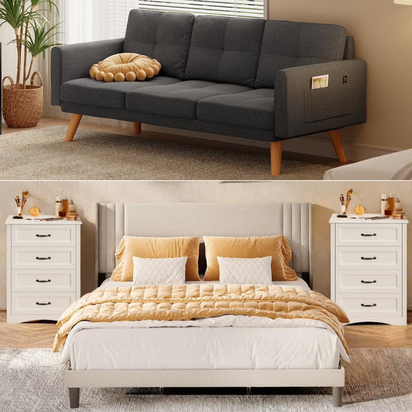 Bedroom Furniture Set - Includes Queen Bed Frame, 4 - Drawer Dresser Set of 2 & 3 Seat Futon Sofa - Modern Storage Solution for Stylish Home Decor