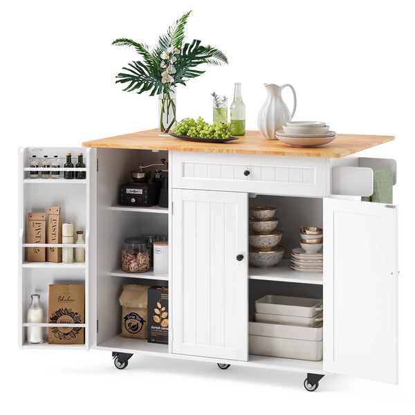 Noelse Kitchen Island with Storage, Island Table for Kitchen with Drop Leaf, Spice Rack, Towel Bar for Small Kitchens, White - White-Standard