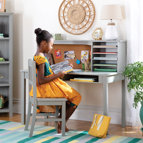 Guidecraft Kids Media Desk and Chair Set - Gray: Kids Desk and Chair Set, Study Table for Kids with Hutch and Shelf, Wood Bedroom Furniture Set - Gray