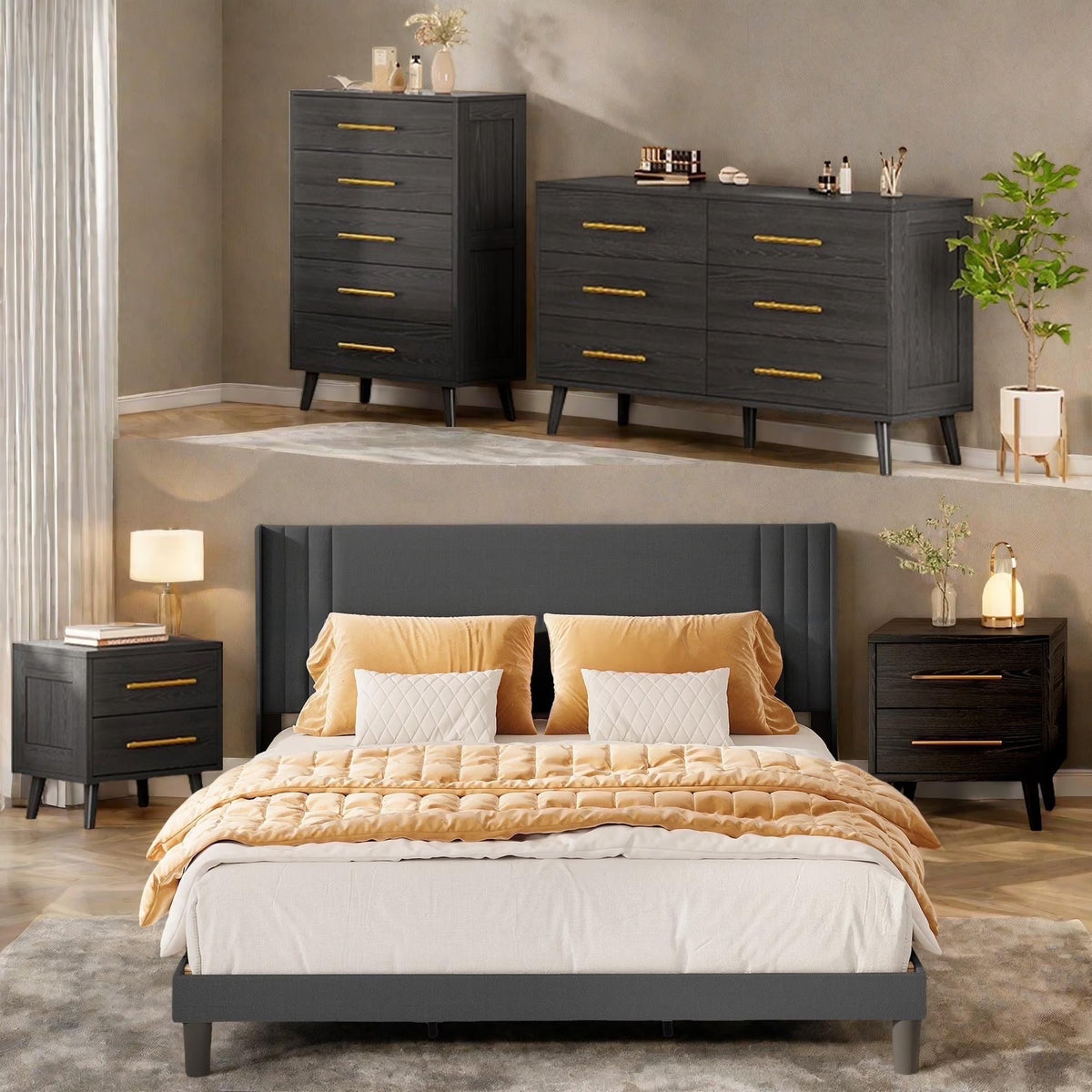 Bedroom Furniture Set - Includes Queen Bed Frame, Nightstands Set of 2, 5 - Drawer Dresser & Double Wide 6 - Drawer Dresser - Modern Storage Solution for Stylish Home Decor, Black - Black/Dark Gray