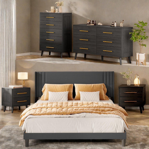 Bedroom Furniture Set - Includes Queen Bed Frame, Nightstands Set of 2, 5 - Drawer Dresser & Double Wide 6 - Drawer Dresser - Modern Storage Solution for Stylish Home Decor, Black - Black/Dark Gray