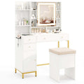 Makeup Vanity Table with 3 Lighting Modes, Mirrored Cabinet Door, Charging Station, Drawers, Shelves, Bedroom Makeup Dressing Table and Stool Set - White