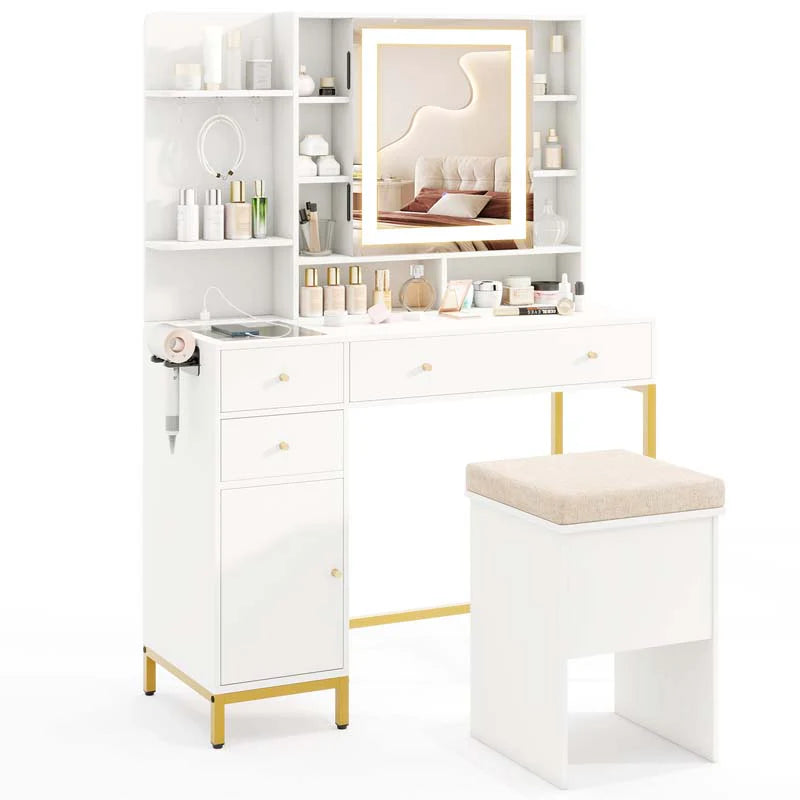 Makeup Vanity Table with 3 Lighting Modes, Mirrored Cabinet Door, Charging Station, Drawers, Shelves, Bedroom Makeup Dressing Table and Stool Set - White