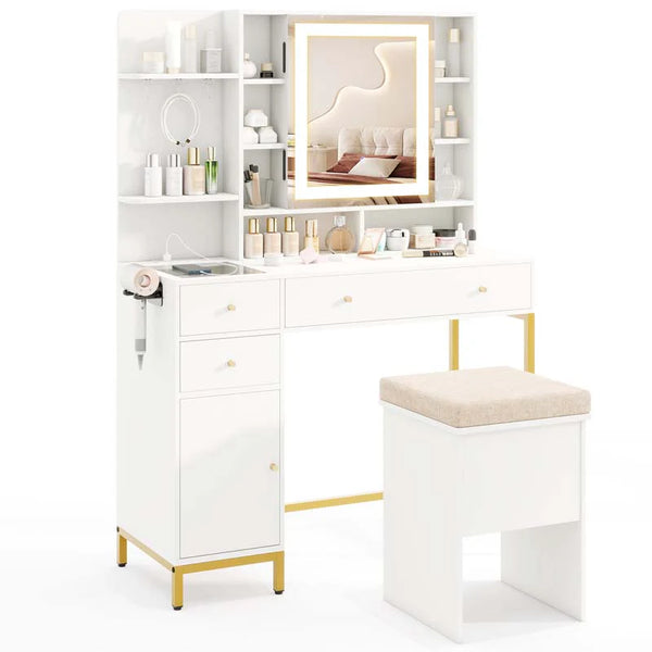 Makeup Vanity Table with 3 Lighting Modes, Mirrored Cabinet Door, Charging Station, Drawers, Shelves, Bedroom Makeup Dressing Table and Stool Set - White