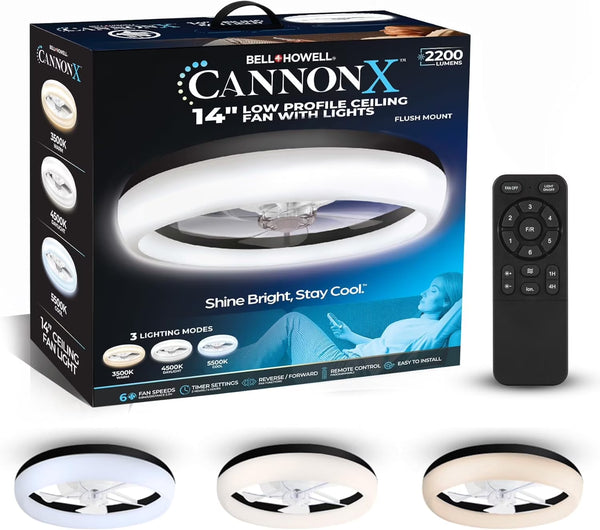 Cannonx 14 Low Profile Ceiling Fans with Lights and Remote, Modern Fandelier Ceiling Fan with Light, 6 Speeds, 3 Lighting Modes 3500K - 5500K, Flush Mount for Bedroom, LED 2200 Lumens