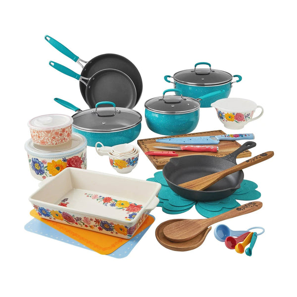 The Pioneer Woman PW43007796140CE 38 Piece Brilliant Blooms Cookware Set, Teal