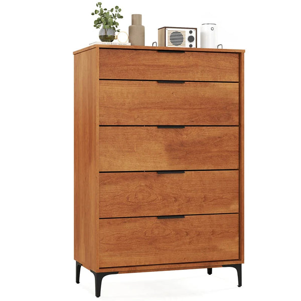 Mid Century Modern 5-Drawer Dresser, Wooden Chest of Drawers with Interlock System, Anti-Tip Kit & Metal Legs for Bedroom, Living Room, Hallway - 2 PCS