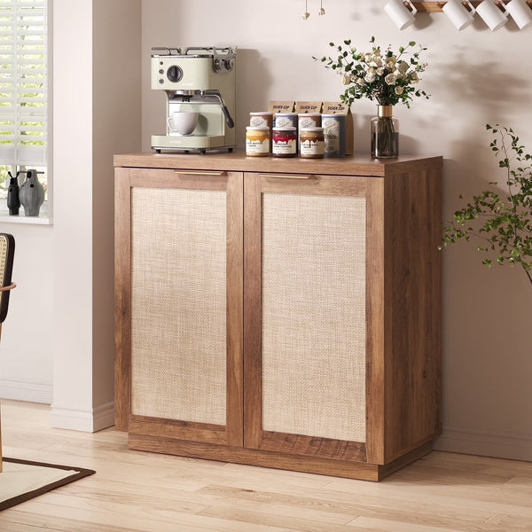 Hommpa Sideboard Buffet Cabinet Rattan Kitchen Storage Organizer with 5 - Position Adjustable Shelf & 2 Doors Boho Farmhouse Accent Cabinets TV Console for Living Dining Room Coffee Bar - 31.5" x 15.55" x 31.5" / Single