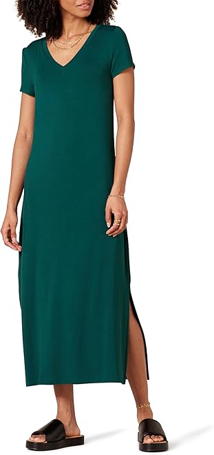 Women's Stretchy Jersey V-Neck Short Sleeve Midi Length Dress