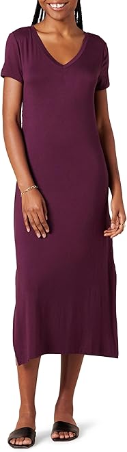 Women's Stretchy Jersey V-Neck Short Sleeve Midi Length Dress