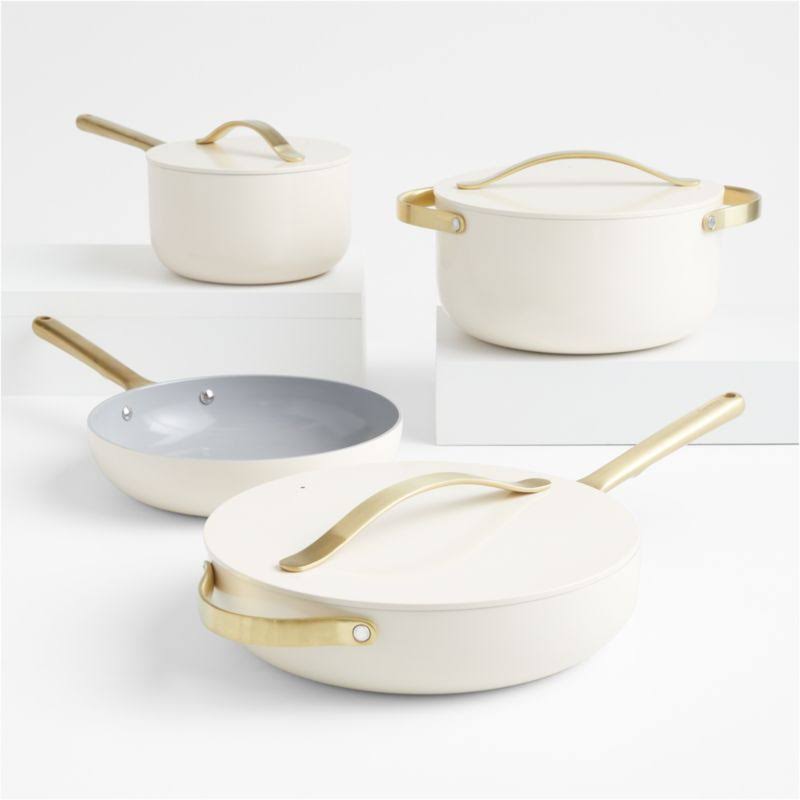 Caraway Home 7-Piece Cream Ceramic Non-Stick Cookware Set with Gold Hardware - Cream