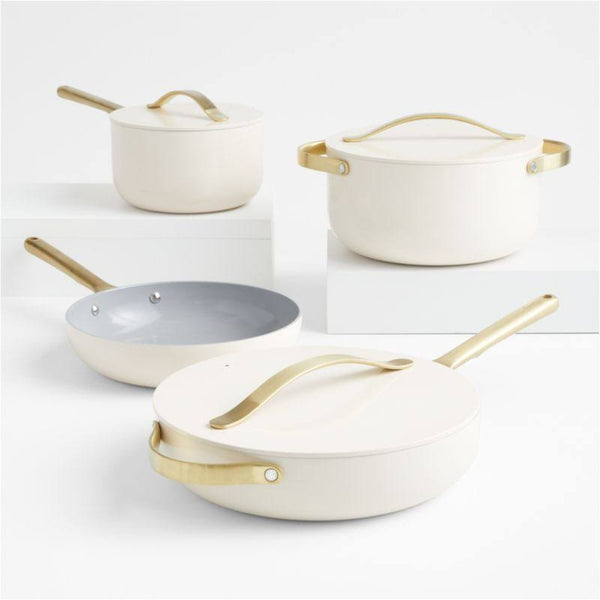 Caraway Home 7-Piece Cream Ceramic Non-Stick Cookware Set with Gold Hardware - Cream