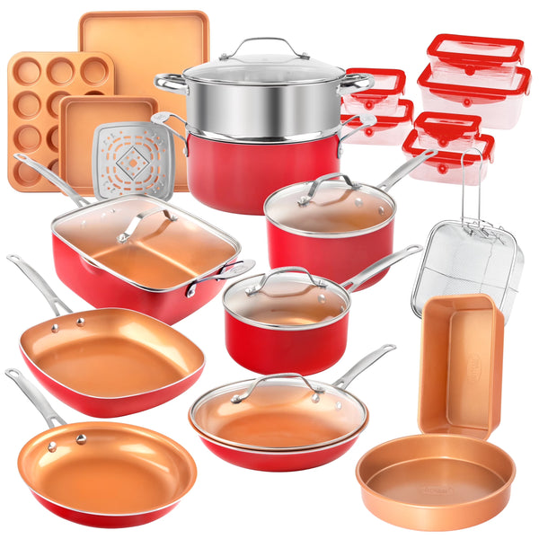Gotham Steel 32 Pcs Pots and Pans Set Non Stick, Cookware Set with Bakeware and Premium Food Storage Set Nonstick Pots and Pans Set, Red - Red