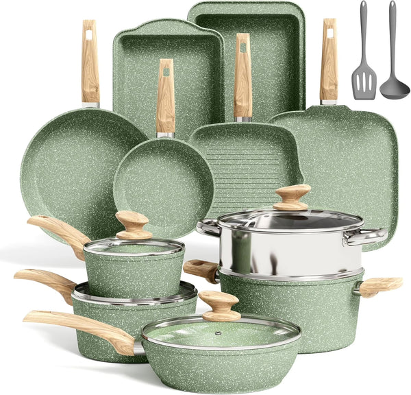 Kitchen Academy 17 Pieces Induction Cookware Set with Griddle, Green Granite Pots and Pans Set Non Stick, Healthy Nonstick Cooking Pans Set - 17 PCS Cookware Set / Green