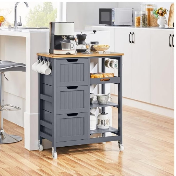 Kitchen Island Cart on Wheels with Storage, Rolling Bar Cart with Solid Wood Top and 3 Drawers, 3 Removable Shelves, Serving Utility Carts for Dining Room/Small Kitchen, Dark Gray ???