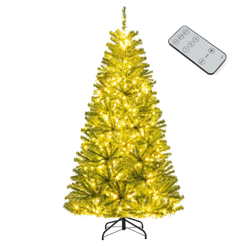 6/7/8FT Pre-Lit Artificial Christmas Tree, Hinged Xmas Tree with Remote, Warm White LED Lights, Timer, Adjustable Lighting Modes for Holiday Decor - 8 FT