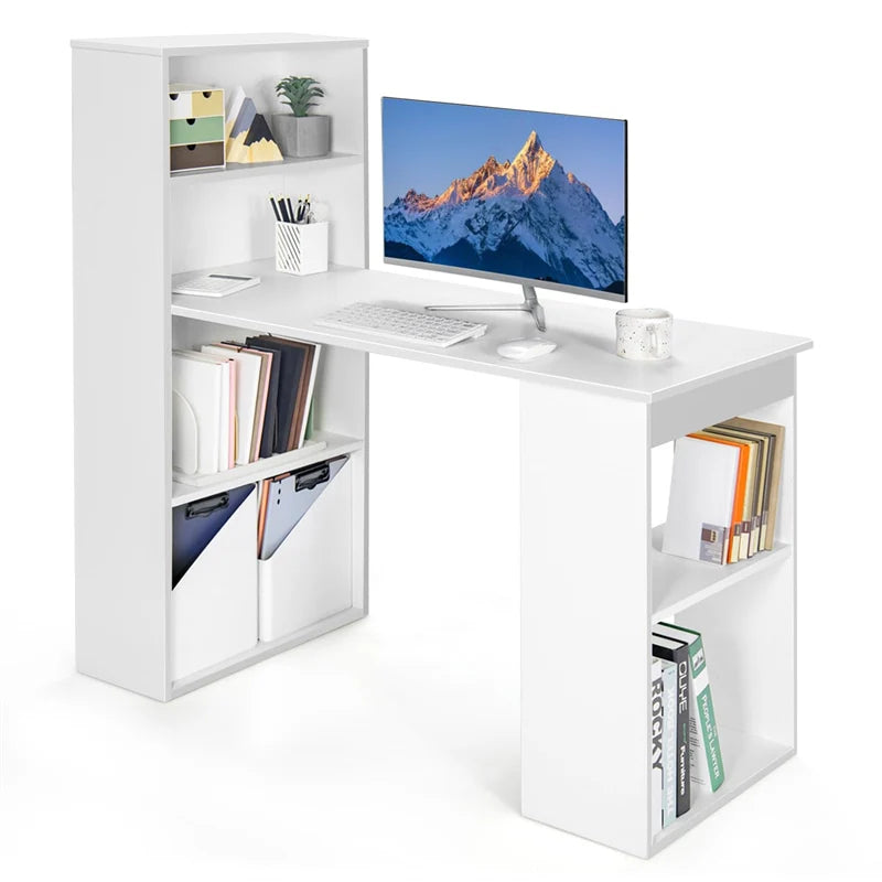 48" Computer Desk with 6-Tier Storage Shelves, 3-in-1 Reversible Writing Desk w/ Bookshelf & CPU Stand, Space-Saving Home Office Workstation - Black