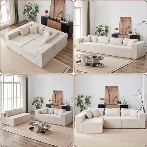 104 - Inch Corduroy Modular L Shaped Sectional Sofa, Luxury Floor Couch Set, Upholstered Indoor Furniture, Foam - Filled Compressed Sofa for Living Room, Bedroom, 4 PC Free Combination ? - Beige + Corduroy