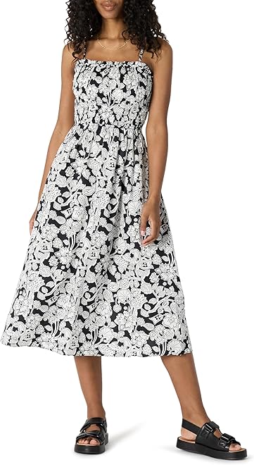 Women's Regular-Fit Cotton Sateen Smocked Bodice Midi Dress