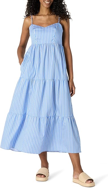 Women's Fit and Flare Empire Waisted Cotton Sateen Tiered Maxi Dress