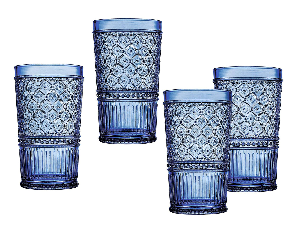 Godinger Highball Drinking Glasses, Tall Glass Cups, Vintage Decor, Water Glasses, Cocktail Glasses - Claro Collection, Large 17oz, Blue, Set of 4 - Blue