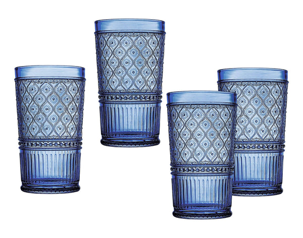Godinger Highball Drinking Glasses, Tall Glass Cups, Vintage Decor, Water Glasses, Cocktail Glasses - Claro Collection, Large 17oz, Blue, Set of 4 - Blue
