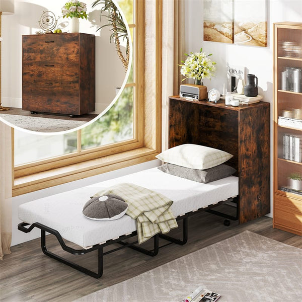 Cot Size Murphy Cabinet Bed with Mattress, 2-in-1 Folding Rollaway Guest Bed into Storage Cabinet with Lockable Wheels for Home Office - Rustic Brown