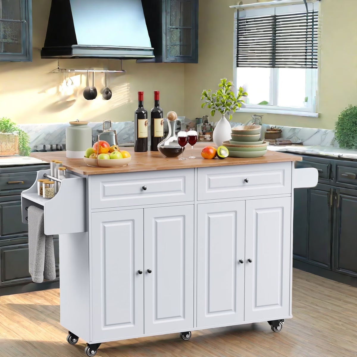 Lofka 52 - Inch Kitchen Island with Storage on Wheels with Wood Drop Leaf, Ideal for Small Kitchens - White