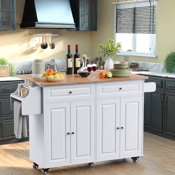 Lofka 52 - Inch Kitchen Island with Storage on Wheels with Wood Drop Leaf, Ideal for Small Kitchens - White