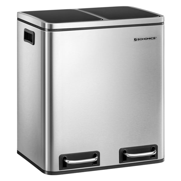 SONGMICS Trash Can, 2 x 4-Gallon Dual Compartment Garbage Can, 8 Gallon Recycle Bin for Small Kitchens, Silver