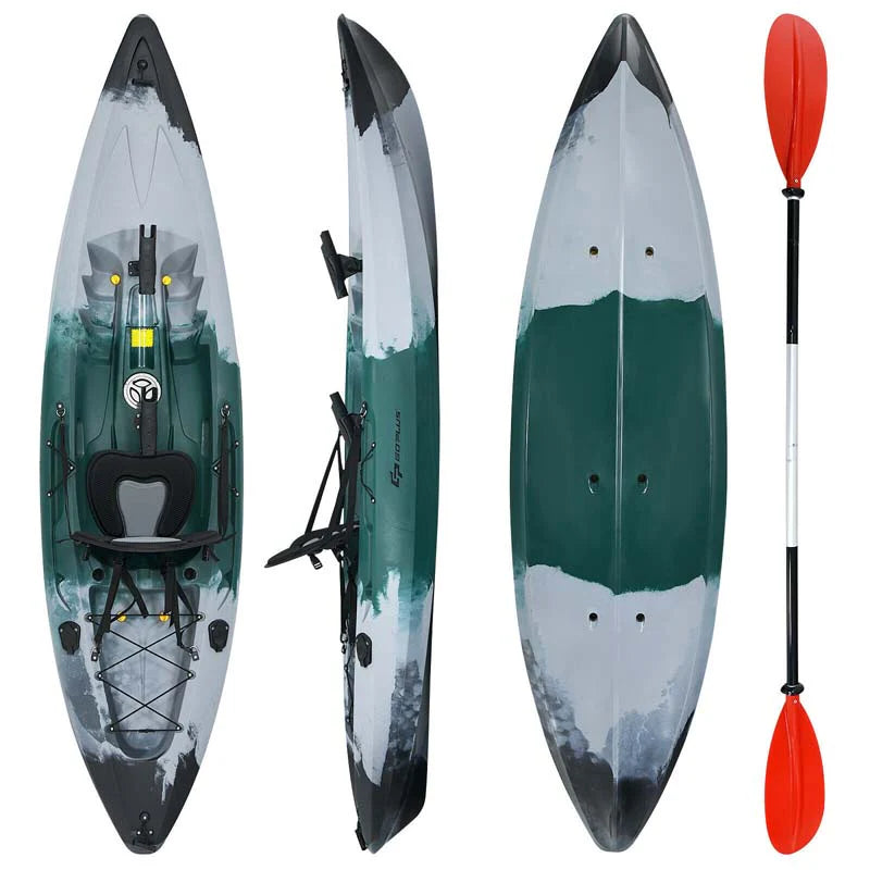 Sit-on-Top Fishing Kayak with Aluminum Paddle, 4 Fishing Rod Holders & Padded Seat, 9.7FT 1-Person Recreational Touring Kayak for Lake, River, Ocean - Gray