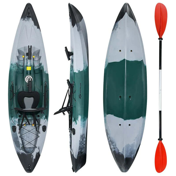 Sit-on-Top Fishing Kayak with Aluminum Paddle, 4 Fishing Rod Holders & Padded Seat, 9.7FT 1-Person Recreational Touring Kayak for Lake, River, Ocean - Gray