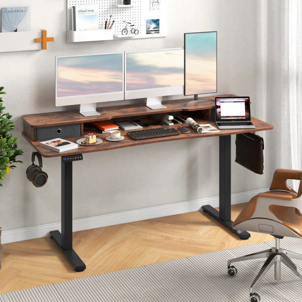 Electric Standing Desk with 2 Drawers, 3 Memory Positions, 63" x 24" Height Adjustable Electric Sit Stand Desk for Home Office Bedroom - Rustic Brown