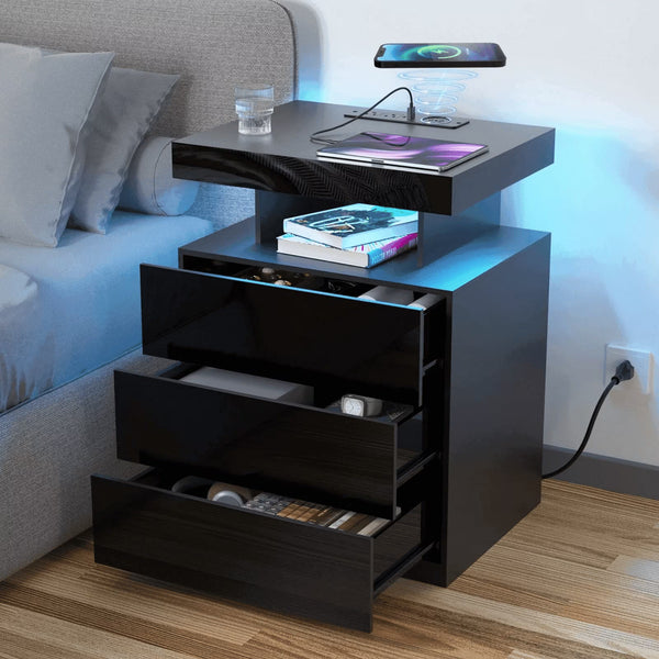 Hommpa LED Nightstand Wireless Charging Station USB Type C Outlets Bedside Table 3 Drawers Black Night Table Modern Smart Nightstand High Gloss End Side Table for Bedroom Furniture 26.8" Tall - Black / Single